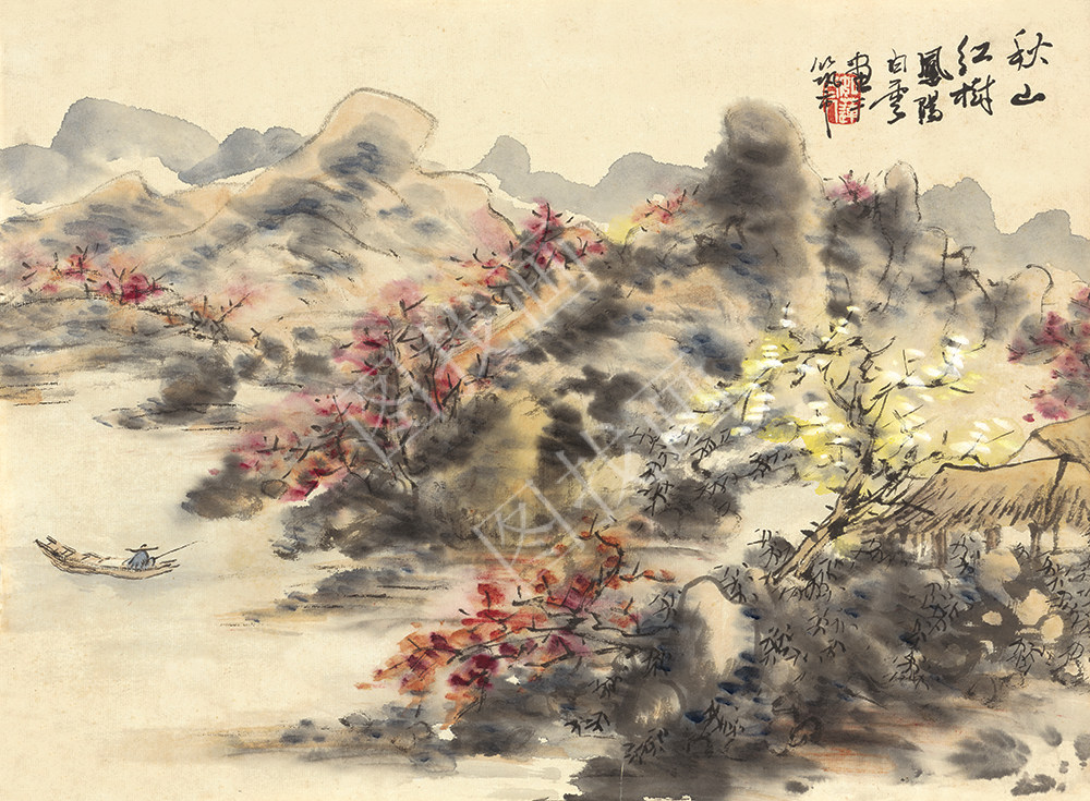 近现代 刘知白 秋山红树小品 40x55cm